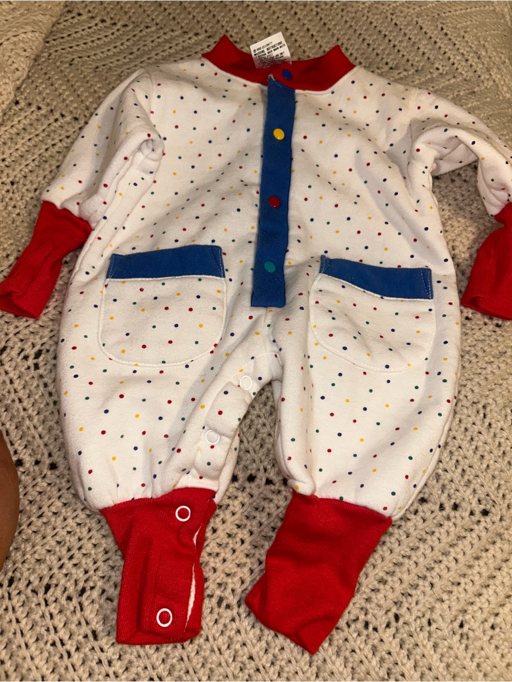 Vitamins Baby White Polka Dot Romper with Red Trim and Blue Accents